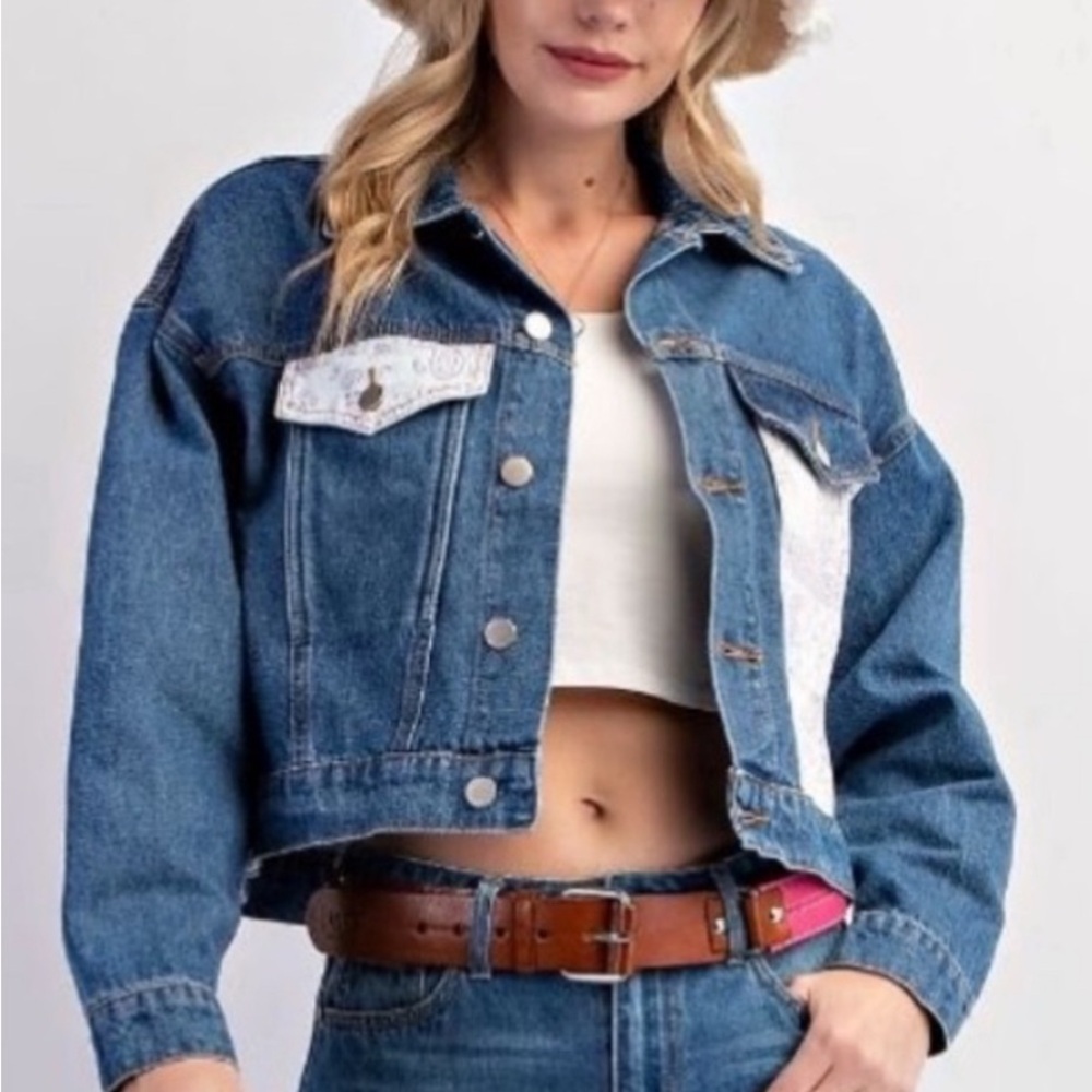 #193 Blue Jean Paisley print cropped mixed classic denim Jacket. - Picture 4 of 5